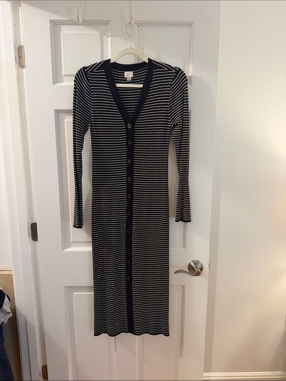 a new day Black and White Striped Long-Sleeve Button-Front Knit Midi Dress